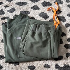 Green Scrub Set with Orange Ties